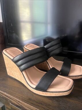 INC International Concepts Black Dual-Strap Cork Wedges